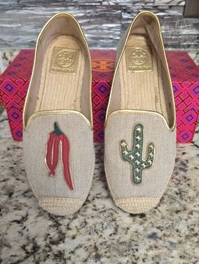 Tory Burch Beige Espadrille Flats with Red Chili & Green Cactus Appliqués